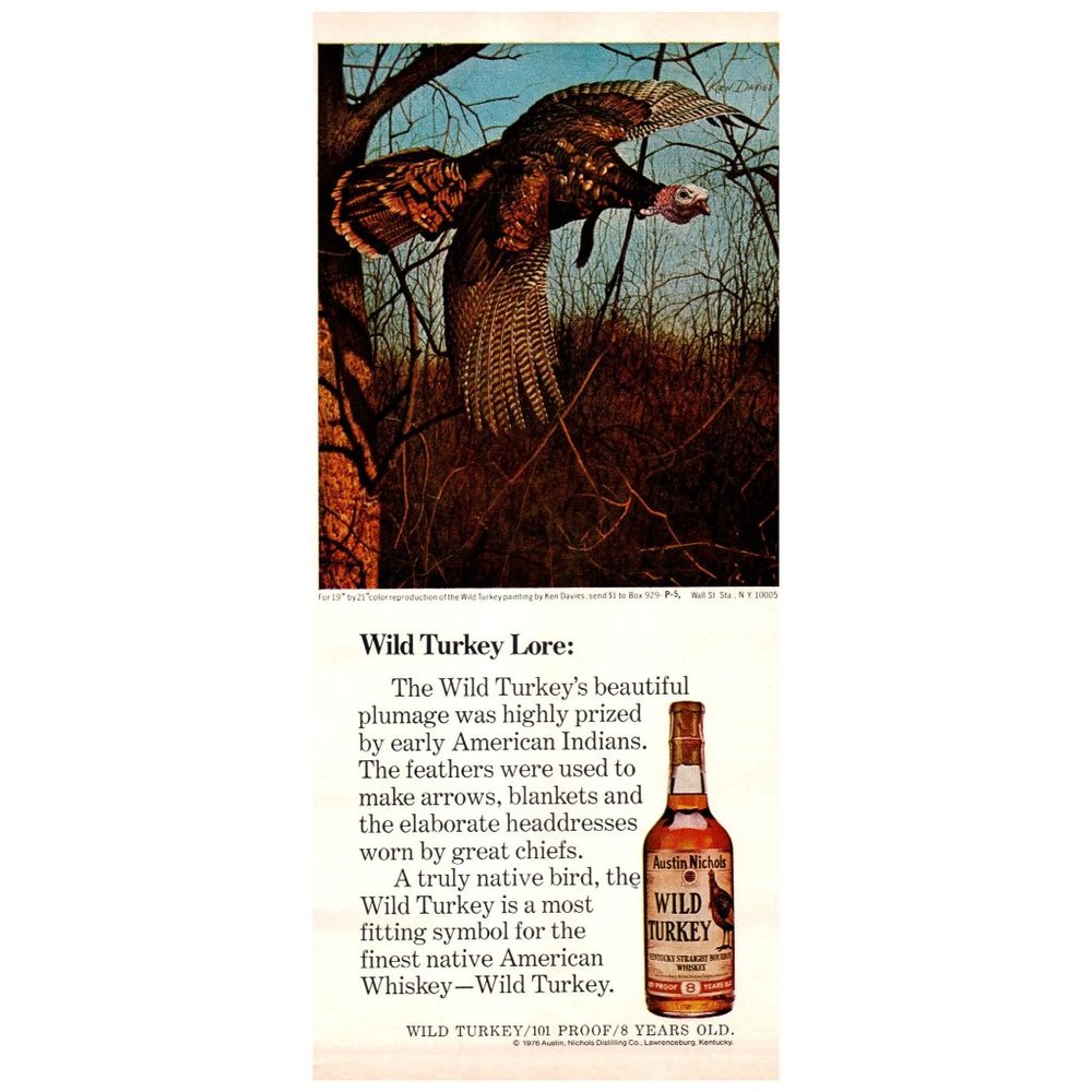 1976 Wild Turkey Kentucky Bourbon Lore Vintage Print Ad Flying Field Feathers